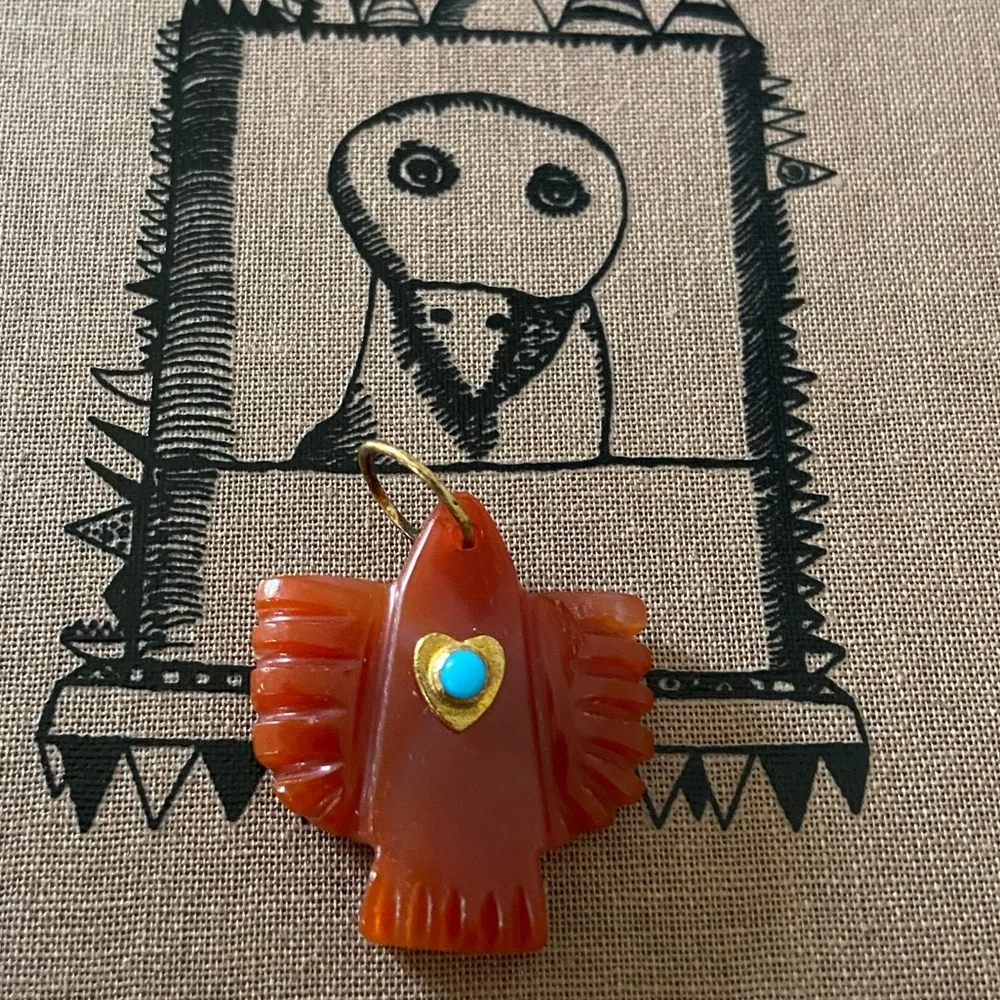 Tova Malibu - Carnelian With Turquoise Heart Bezel Thunderbird Pendant - Picture 9 of 11